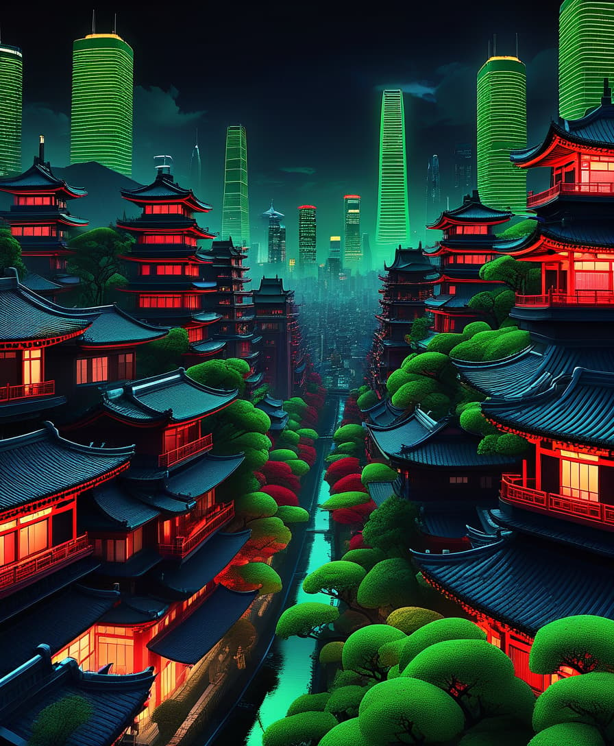  hyperrealistic art japan, chinese, night, dream, nightmare, darkness, green nature city, futuristic city, national city, colorful, massively, huge area, many details, red, green, black, blue, yellow, city, big city, 1920x1080 resolution, full hd v 4 stylization 500 . extremely high resolution details, photographic, realism pushed to extreme, fine texture, incredibly lifelike