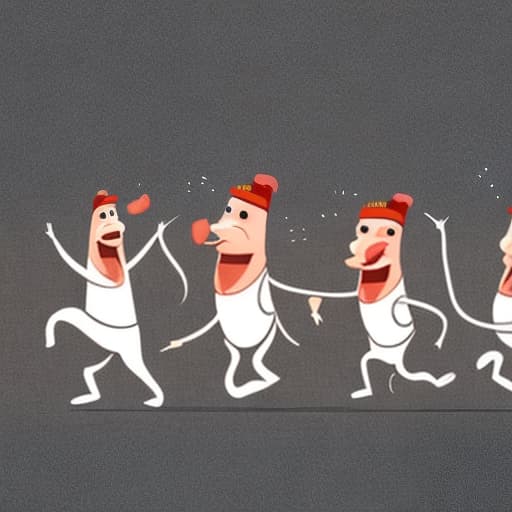  A group of funny line drawing characters of a sausages wrapped in bacon with legs and a smile dancing.