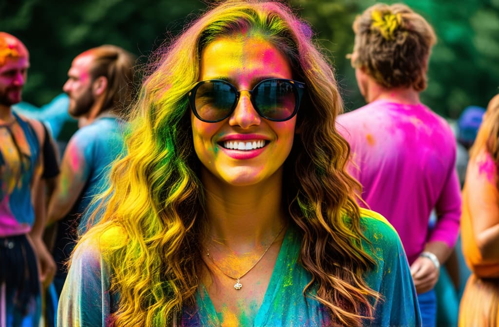  professional detailed photography, portrait of young beautiful woman with wavy brown hair wearing sunglasses at holi festival with colorful paints ar 3:2, (muted colors, dim colors, soothing tones), (vsco:0.3)