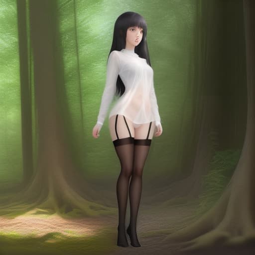  girl in full growth style of anime photorealistic in black transparent stockings against the background of the nature of minimal clothing