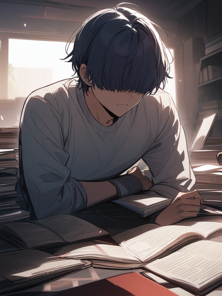  masterpiece,(young smart male:1.7),dark navy blue hair color,(((shaggy bangs over eyes:1.2))),((handsome)),sharp blue purple eye color,facial focus,((muscular)),background cluttered room,scattered books,high quality,16k