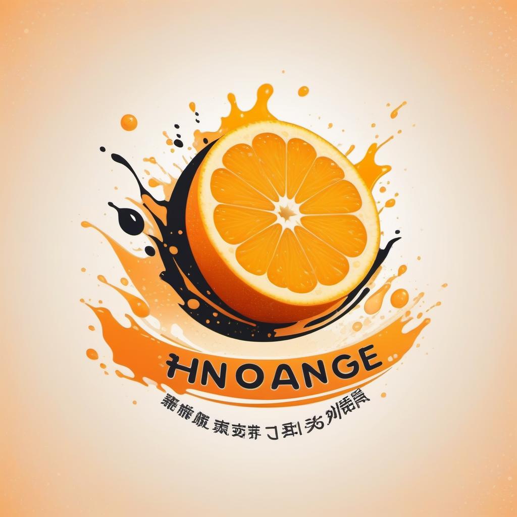  Logo depicting a cut orange with splashes and drops of juice, Japanese design style