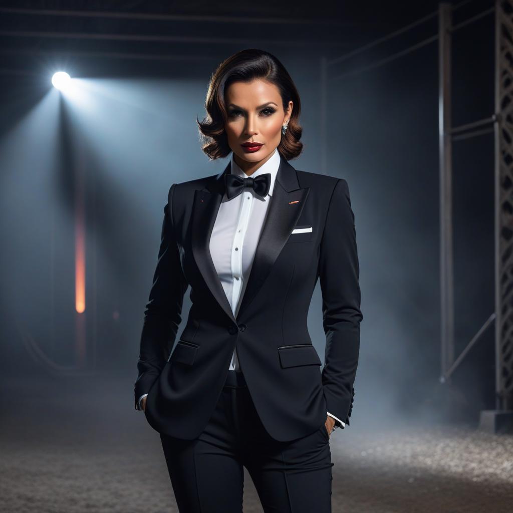  a visually astounding parody, depicting a glorious woman posing in a classic james bond like suit, with her ample décolletage on display. the high contrast, black and white portrait should capture her sultry gaze and confident posture. shot with a hasselblad h6d 400c and an 80mm f/2.8 lens for a timeless feel. hyperrealistic, full body, detailed clothing, highly detailed, cinematic lighting, stunningly beautiful, intricate, sharp focus, f/1. 8, 85mm, (centered image composition), (professionally color graded), ((bright soft diffused light)), volumetric fog, trending on instagram, trending on tumblr, HDR 4K, 8K