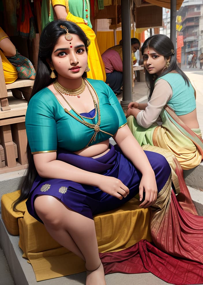  masterpiece, best quality, two indian women in saris sitting on the steps of an outdoor market area, a picture, reddit, movie stills, provocative indian, still from movie, beautiful curvy female, indian goddess, cute woman