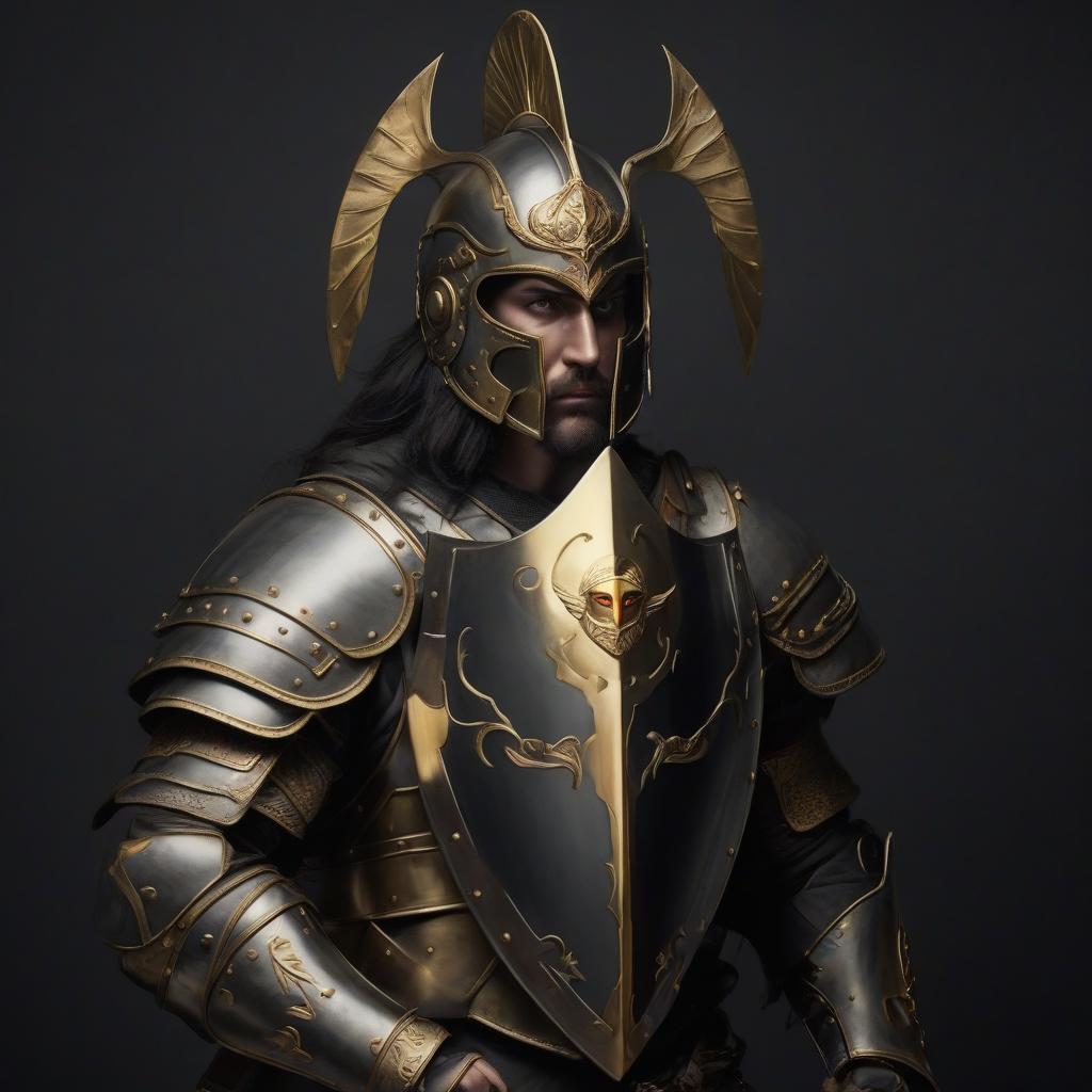  warrior in a helmet with a shield with golden eyes