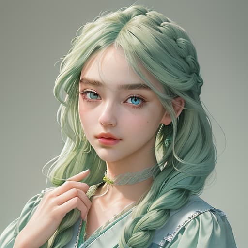  she has a dignified demeanor and speaks with good manners, with a complex braided hairstyle of soft green hair. her face is gentle and pleasant, and there is a sense of virtuousness between her eyebrows, which is admirable.