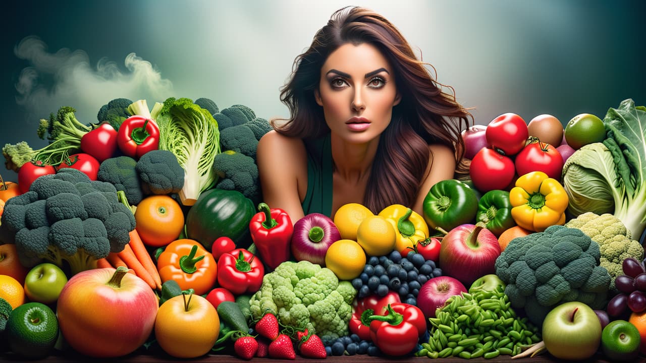  a split image showcasing vibrant raw fruits and vegetables on one side, contrasted with a weary individual surrounded by dull, lifeless foods and supplements on the other, depicting the extremes of a raw food diet. hyperrealistic, full body, detailed clothing, highly detailed, cinematic lighting, stunningly beautiful, intricate, sharp focus, f/1. 8, 85mm, (centered image composition), (professionally color graded), ((bright soft diffused light)), volumetric fog, trending on instagram, trending on tumblr, HDR 4K, 8K