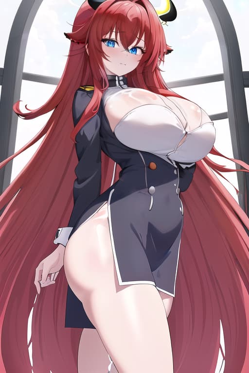  no no no clothes,masterpiece, best quality, 1women, long red hair, looking at viewer, :3, cute, black uniform, outdoors, streets, cow shot, curvy, (((blue eyes))), rias gremory, red hair, antenna hair, wavy hair, ((beautiful detailed eyes, beautiful detailed glow, lots of glow)), anime screencap