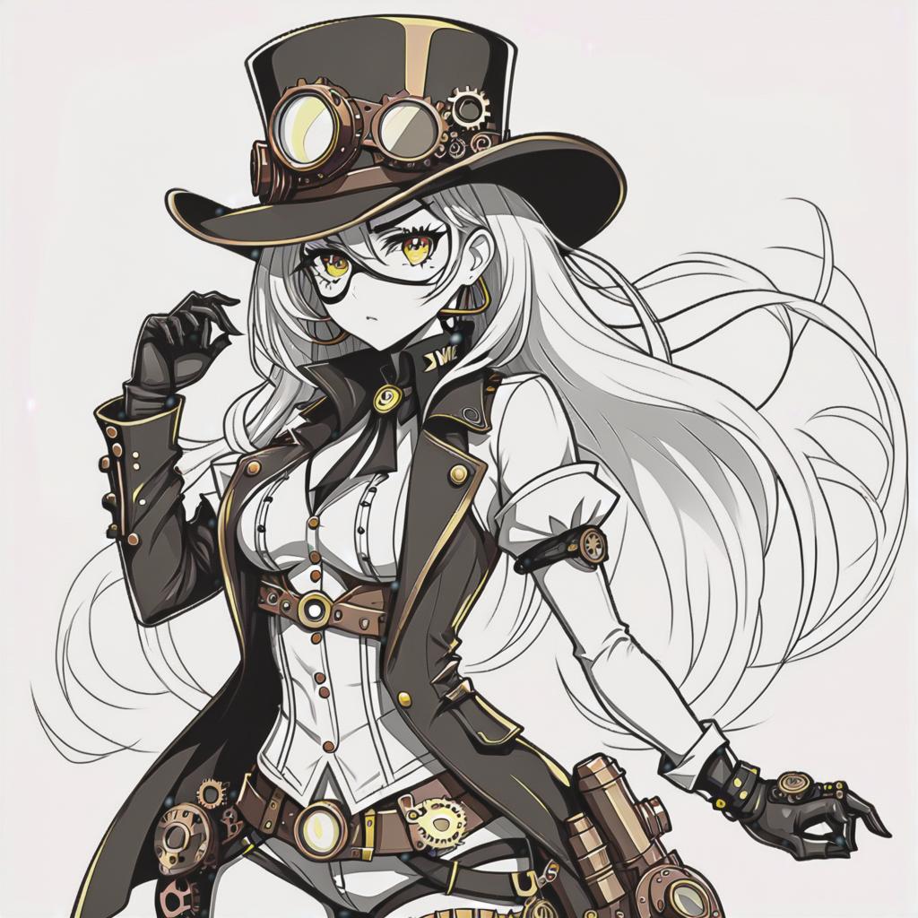  line art drawing steampunk cowboy girl, same nightmare. anime style . professional, sleek, modern, minimalist, graphic, line art, vector graphics