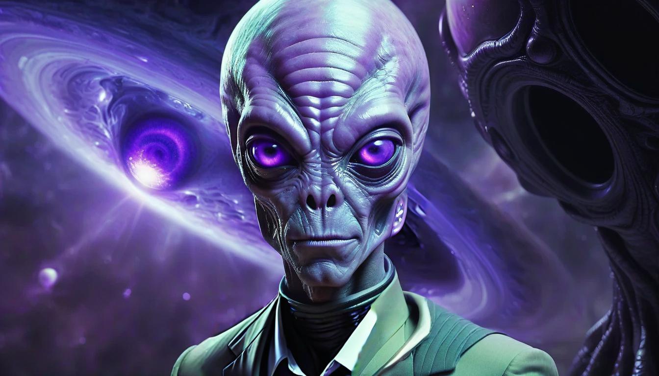  alien themed a creature like a man with purple eyes, with growths on the temples of the head, in a suit. the background is space. . extraterrestrial, cosmic, otherworldly, mysterious, sci fi, highly detailed