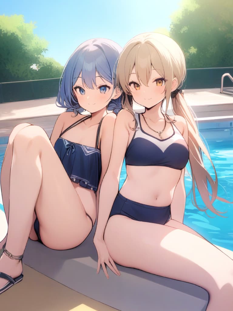  women's elementary students, twin tails, rich smiles, cute smiles, navy blue swimwear, old swimwear, swimwear, simple, male, shaped clear , shaped clear, clear stem, shaped crisp, male bulge,, front. the whole body, pool side,