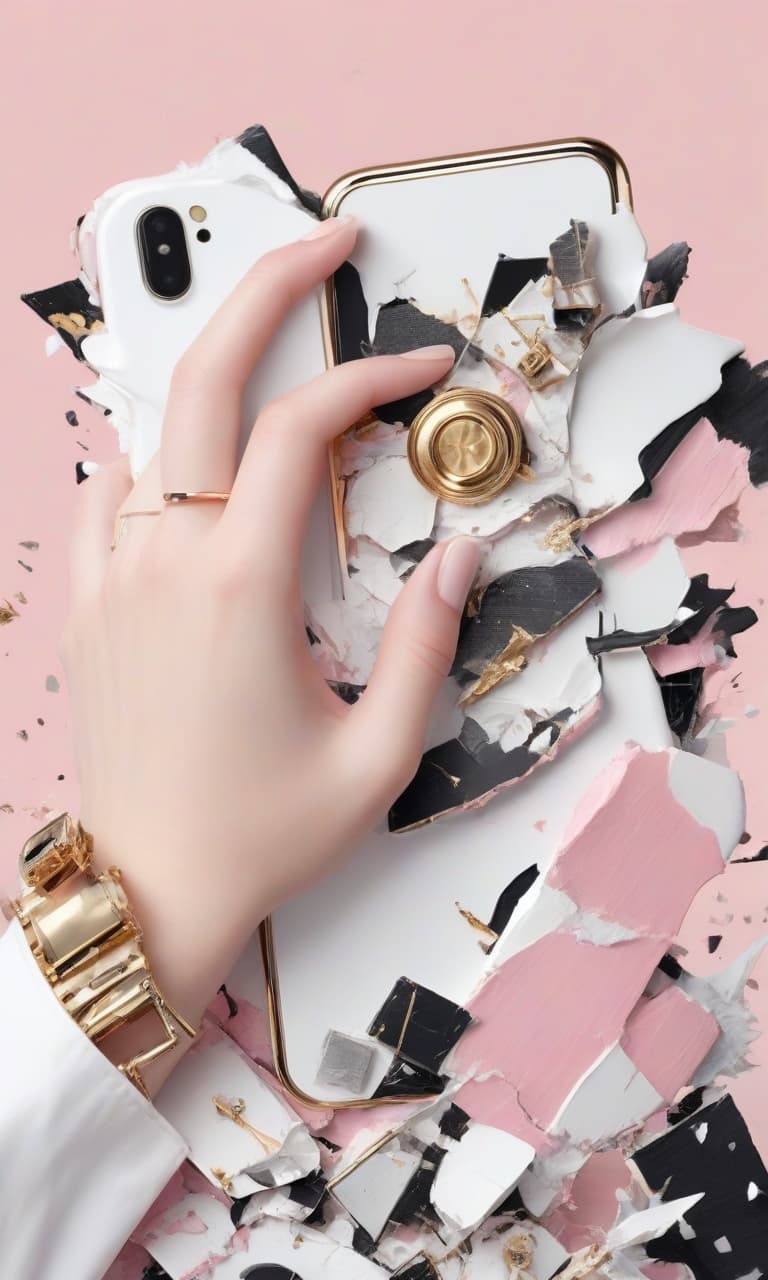  concept art color pink, white, black, gold hand holding the phone broken . digital artwork, illustrative, painterly, matte painting, highly detailed, perfect hands