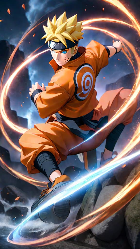  anime art: naruto's rasengan, a symbol of his heritage and growth, swirling with chakra and determination. hyperrealistic, full body, detailed clothing, highly detailed, cinematic lighting, stunningly beautiful, intricate, sharp focus, f/1. 8, 85mm, (centered image composition), (professionally color graded), ((bright soft diffused light)), volumetric fog, trending on instagram, trending on tumblr, HDR 4K, 8K