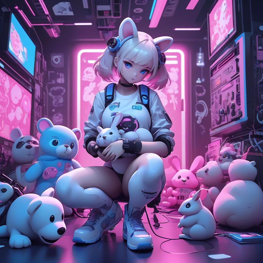  techwear fashion a very beautiful girl in a white shirt plays soft toys on the floor, she holds a large bear in her hands, toys lie on the floor a bunny, a squirrel, a bear, a kitten, a dog, a mouse. neon patterns on the girl, on toys, lighting pink, girl's hair blue glowing, eyes blue, cartoons, animation. . futuristic, cyberpunk, urban, tactical, sleek, dark, highly detailed, hkmagic