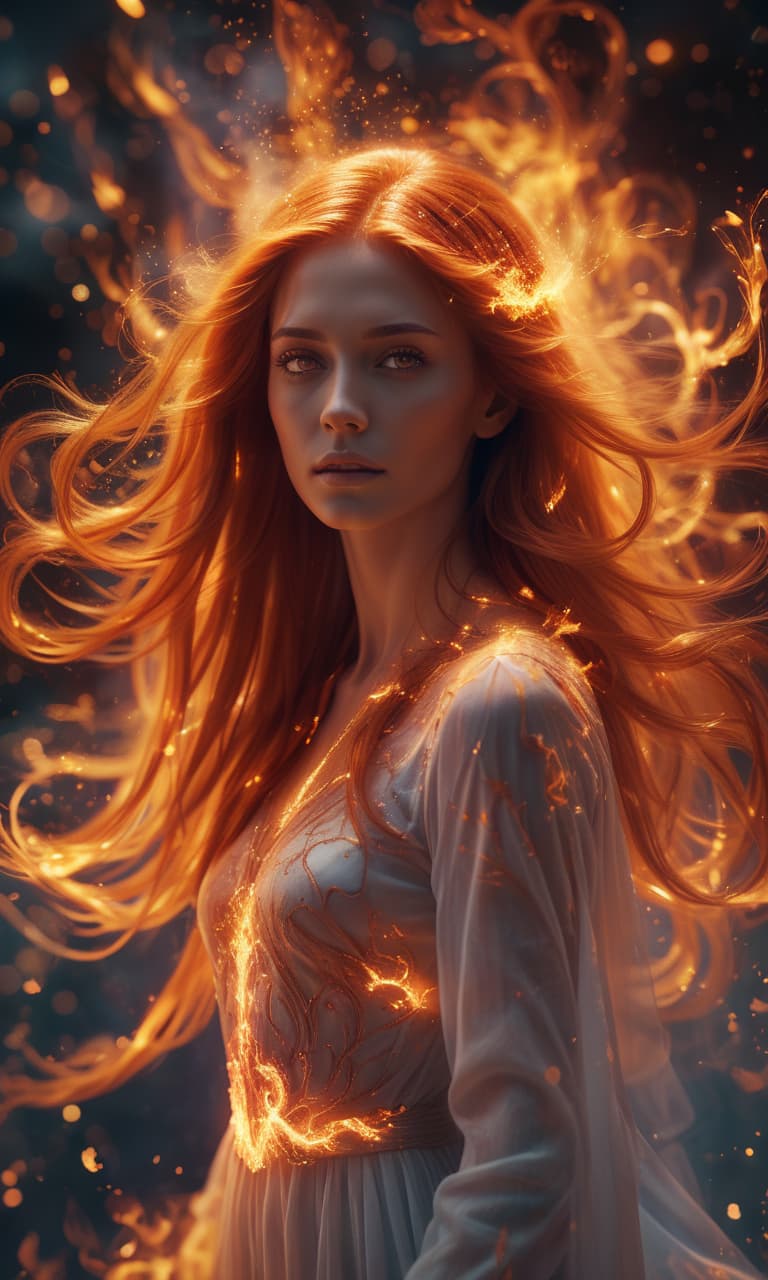  kirlian photography of a woman with long hair flying through the air, by marie bashkirtseff, glowneon fantasy art, dress made of fire, beautiful iphone wallpaper, jean grey, a still of an ethereal, fairy dust in the air, orange glowing hair, intricate wlop, fires glow lonely, civitai, glowneon