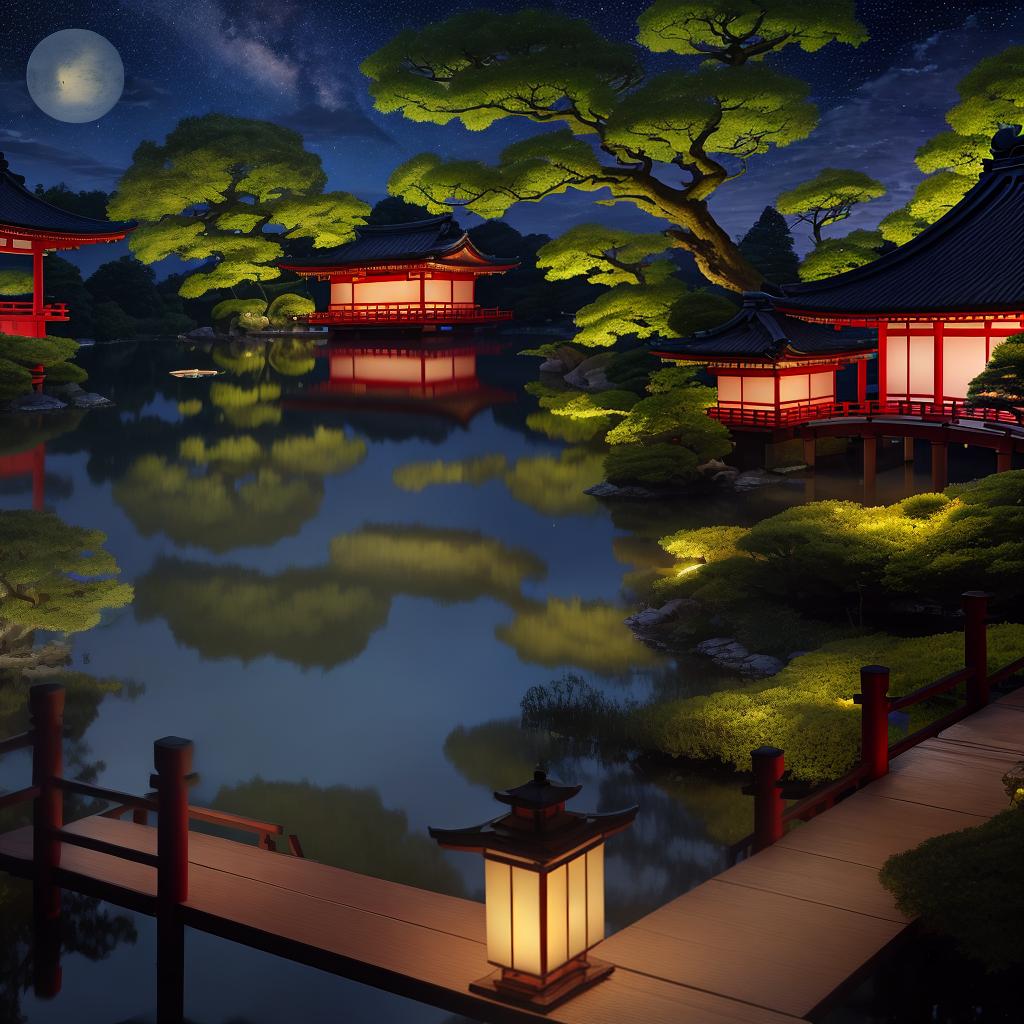  masterpiece, best quality,(fidelity: 1.4), best quality, masterpiece, ultra high resolution, 8k resolution, night view inspired by Japanese art, featuring a garden illuminated by paper lanterns and a wooden bridge spanning a tranquil lake with a small Zen temple by the lake. The water reflects the stars.