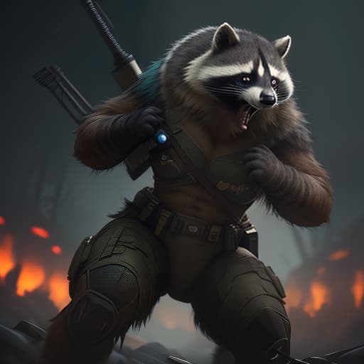  fighting beast raccoon dressed in military uniform and weapons in his paws, in battle with alien invaders, (extremely detailed oil painting:1.2), glow effects, godrays, hand drawn, render, 8k, octane render, cinema 4d, blender, dark, atmospheric 4k ultra detailed, cinematic sensual, sharp focus, humorous illustration, big depth of field, masterpiece, colors, 3d octane render, 4k, concept art, trending on artstation, hyperrealistic, vivid colors, extremely detailed cg unity 8k wallpaper, trending on artstation, trending on cgsociety, intricate, high detail, dramatic