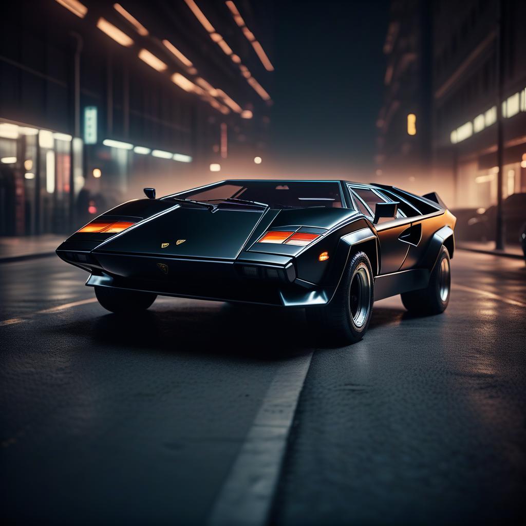  cinematic film still retro futuristic, black, brutal suv, externally reminiscent of the lamborghini countach. . shallow depth of field, vignette, highly detailed, high budget, bokeh, cinemascope, moody, epic, gorgeous, film grain, grainy