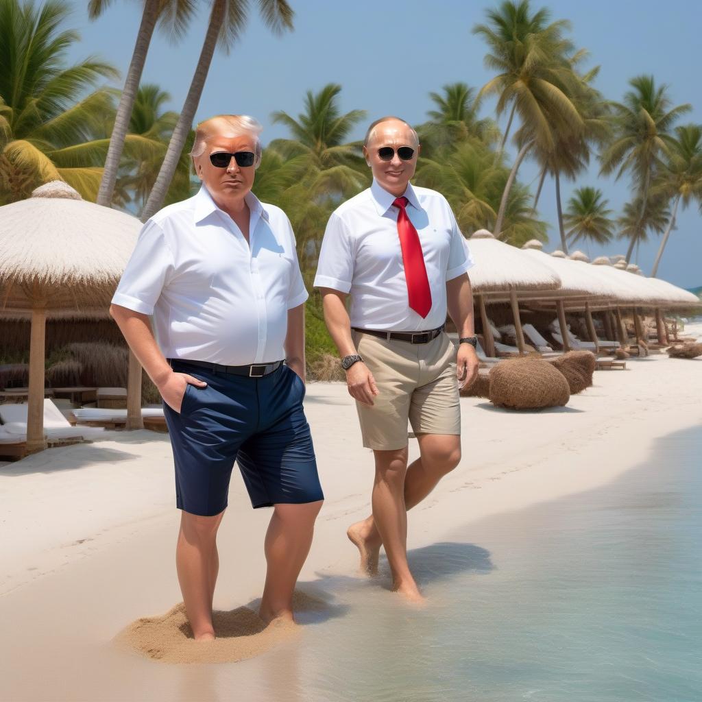  Donald Trump and Vladimir Putin on vacation by the sea, on sun beds, in shirts and shorts , a mug of beer in hand, sand , crabs , shells , starfish , palm trees, very beautiful nature, high detail, quality 50000K