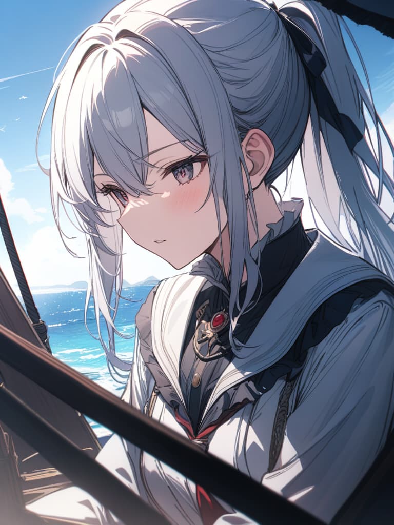  captain, silver hair, ponytail, sea, pirate, masterpiece, best quality,8k,ultra detailed,high resolution,an extremely delicate and beautiful,hyper detail