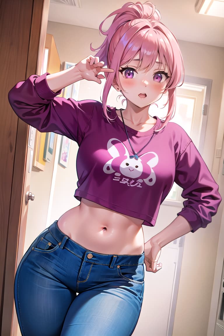  r 18, , middle , pink haired ,ponytail,large eyes,s She wears a cute pink , and her jeans are unoned, hanging low on her hips romm