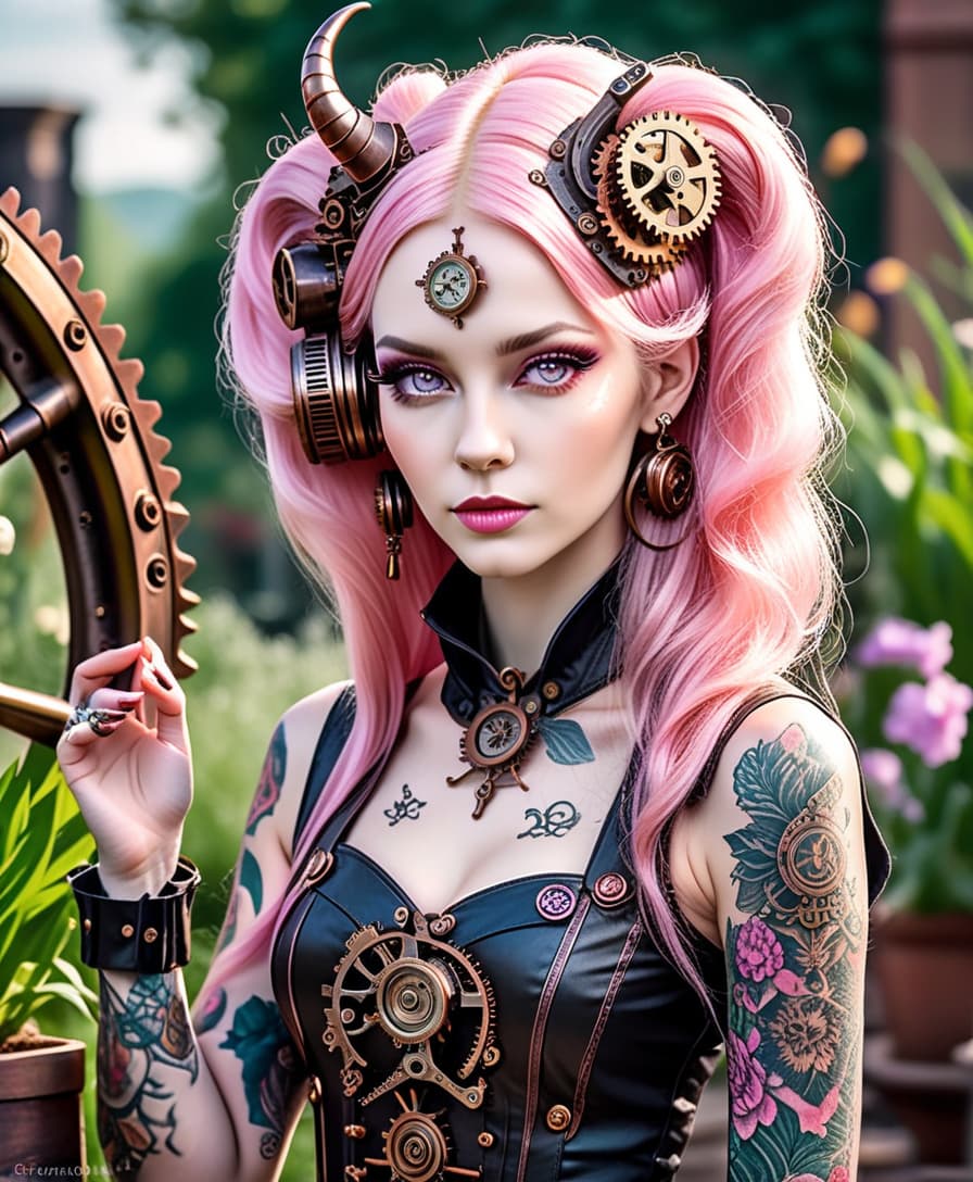  steampunk style girl tifling, pink long hair, pink skin, horns on the head, perfect skin, fine facial features, pink iris, summer dress, tattoos, piercing in the ears, slim legs, wavy , realistic light, show with legs, 8k,hdr,steampunk style, masterpiece, hyperrealisme extreme, detalied, garden . antique, mechanical, ss and copper tones, gears, intricate, detailed, perfecteyes