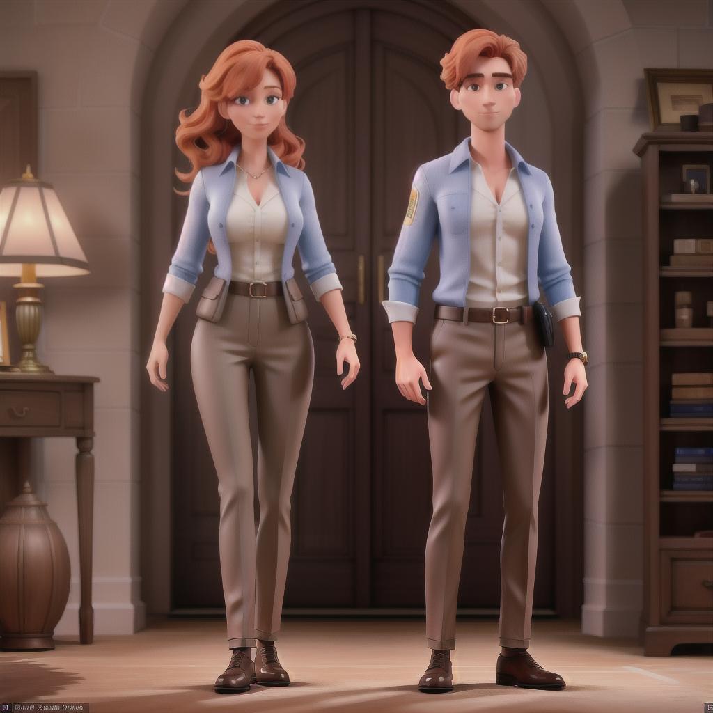  une femme rousse et un homme brun en costume de FBI. detaillé et haute definition, 8K hyperrealistic, full body, detailed clothing, highly detailed, cinematic lighting, stunningly beautiful, intricate, sharp focus, f/1. 8, 85mm, (centered image composition), (professionally color graded), ((bright soft diffused light)), volumetric fog, trending on instagram, trending on tumblr, HDR 4K, 8K