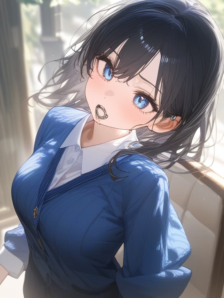  girls, jit eyes, cat eyes, girls, gags, white shirts, blue ribbon uniforms, sweater cardigans, black hair, pierced ring, silver ring, moe sleeve, facing front, masterpiece, best quality,8k,ultra detailed,high resolution,an extremely delicate and beautiful,hyper detail