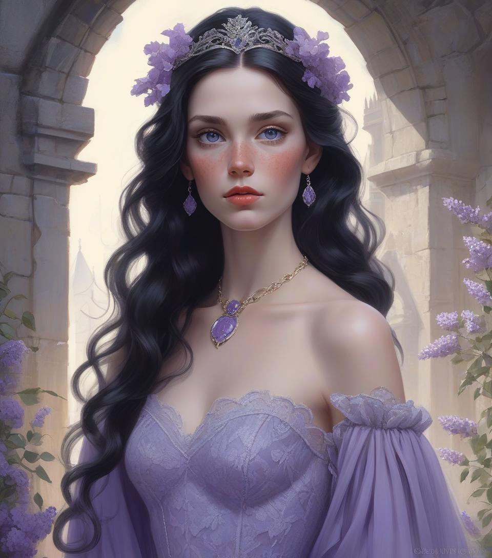  beautiful freckled queen goddess with long wavy black hair, delicate features, pale skin, red cheeks, natural makeup, wearing a lavender dress with lace embroidered flowers, intricate stunning highly detailed girl by artgerm and edouard bisson, highly detailed oil painting, portrait of a beautiful person, art by stanley artgerm, charlie bowater, atey ghailan and mike mignola, silver jewelry, princess, goddess, high quality background, fantasy character concept art, blue sky and castle wall background, prin