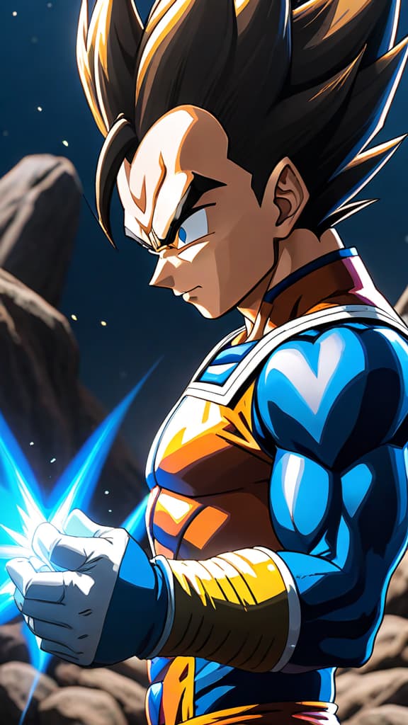  an anime art of vegeta unlocking a hidden super saiyan form, surpassing even goku. hyperrealistic, full body, detailed clothing, highly detailed, cinematic lighting, stunningly beautiful, intricate, sharp focus, f/1. 8, 85mm, (centered image composition), (professionally color graded), ((bright soft diffused light)), volumetric fog, trending on instagram, trending on tumblr, HDR 4K, 8K