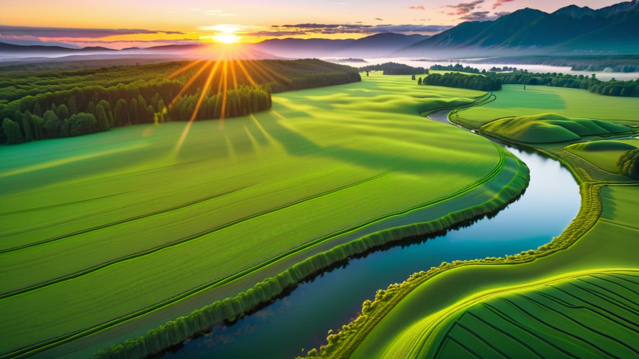  a vibrant aerial view of a drone capturing stunning landscapes, featuring lush green fields, a winding river, and a breathtaking sunset, with a photographer focused intently on the drone's screen in the foreground. hyperrealistic, full body, detailed clothing, highly detailed, cinematic lighting, stunningly beautiful, intricate, sharp focus, f/1. 8, 85mm, (centered image composition), (professionally color graded), ((bright soft diffused light)), volumetric fog, trending on instagram, trending on tumblr, HDR 4K, 8K