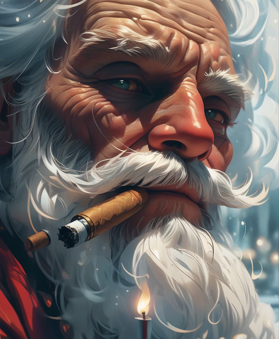  (intricate details:1.3) (old man:1.2) with a (smoky expression:1.1), (smoking a cigarette:1.2) in a cozy (armchair:1.1). his (long white beard:1.3) flows gracefully, and (twinkling eyes:1.2) reflect a sense of mischief. the background features (soft, glowing lights:1.3) and (ornate decorations:1.2) typical of a (fantasy winter scene:1.3). this (photorealistic portrait:1.2) captures the essence of (santa claus:1.3) in a (dreamy atmosphere:1.1), showcasing (vibrant colors:1.2) and (fine textures:1.3), reminiscent of (martin ansin's artwork:1.2), all rendered in (stunning 4k detail:1.3).