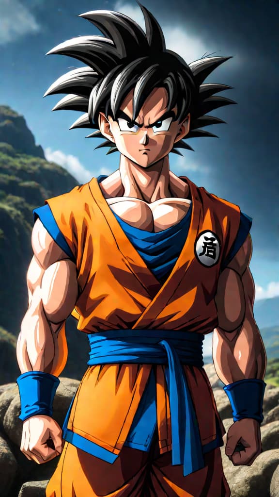  an anime image depicting goku from dragon ball mastering ki with balance, control, and inner connection. hyperrealistic, full body, detailed clothing, highly detailed, cinematic lighting, stunningly beautiful, intricate, sharp focus, f/1. 8, 85mm, (centered image composition), (professionally color graded), ((bright soft diffused light)), volumetric fog, trending on instagram, trending on tumblr, HDR 4K, 8K