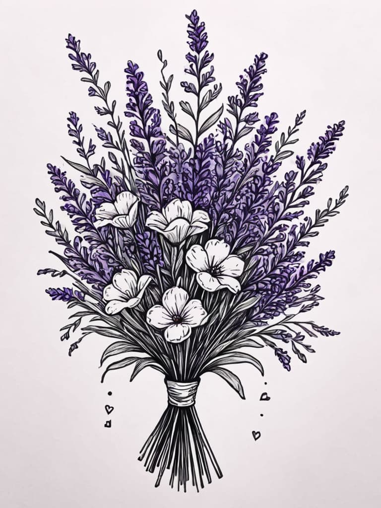  an angle sitting on a cloud looking down at a lavender bouquet with the words with me wherever you are black , (tattoo sketch:1.25), drawing