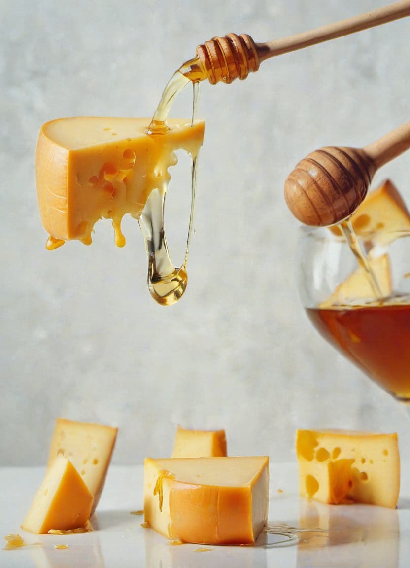  cheese is poured with honey a beautiful reflection of the cheese light background, film photography style