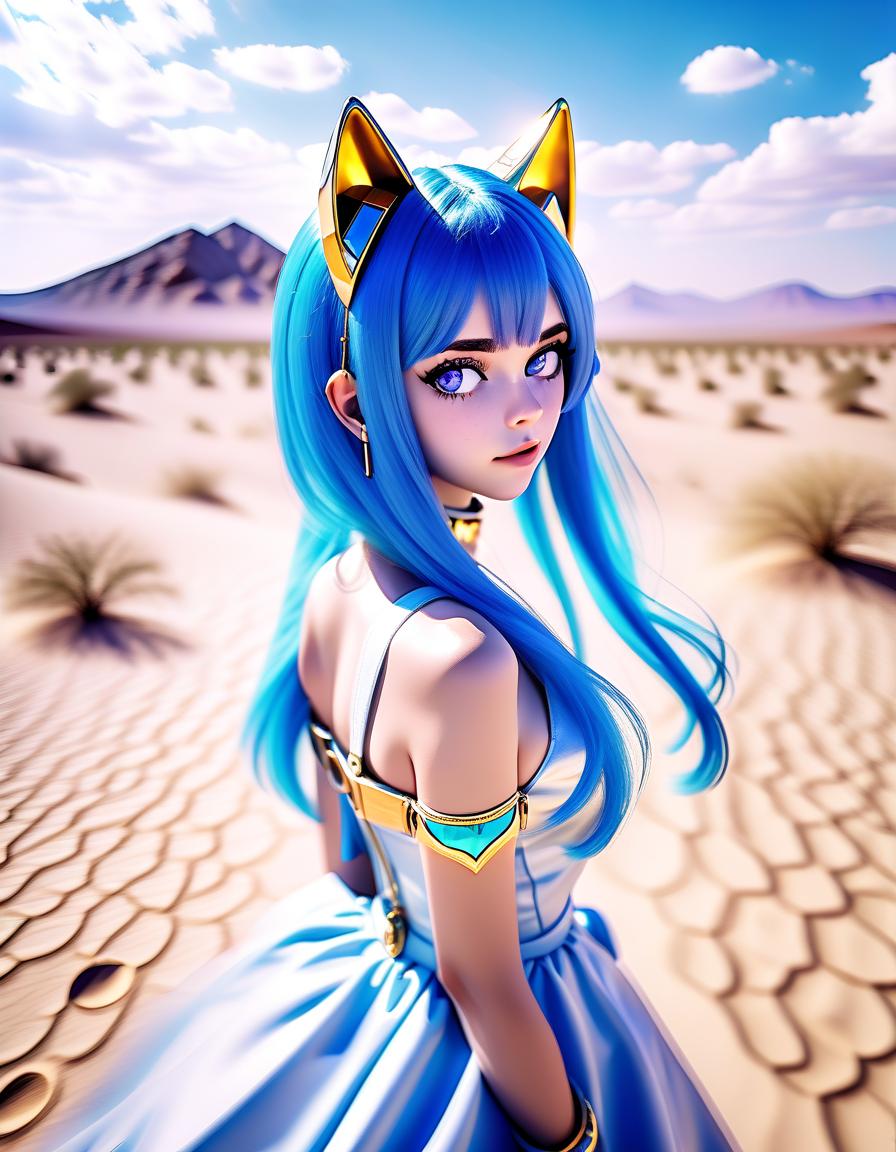  cinematic photo the with blue hair. you should. gold rim decoration with golden cat ears. large amethyst in seridine jewelry. azure shiny eyes of the aimed at me. two gold celets on shoulders and hands. s. in the desert. bright blue sky. white clouds. maximum quality. no clothes. body. . 35mm photograph, film, bokeh, professional, 4k, highly detailed