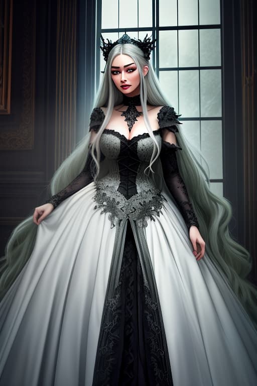  dark castle, gigi hadid with white long hair and green eyes, in a beautiful dress in the middle, in a gothic style hyperrealistic, full body, detailed clothing, highly detailed, cinematic lighting, stunningly beautiful, intricate, sharp focus, f/1. 8, 85mm, (centered image composition), (professionally color graded), ((bright soft diffused light)), volumetric fog, trending on instagram, trending on tumblr, HDR 4K, 8K