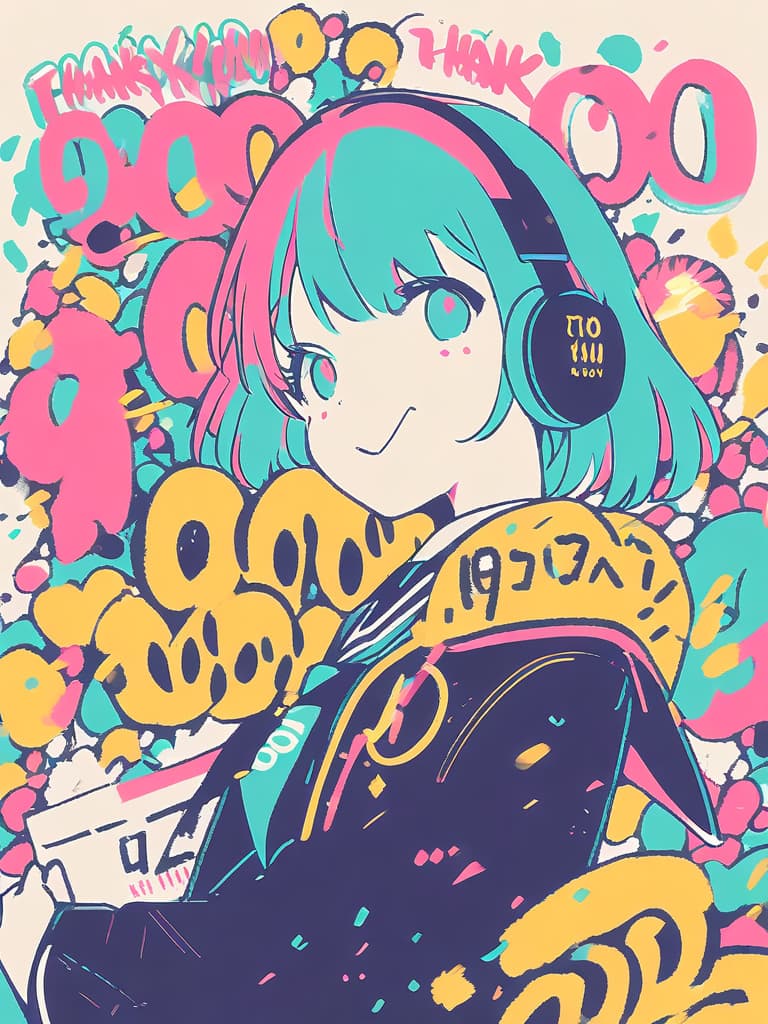  a girl with short green hair is laughing and crying loudly while holding a colorful bouquet of flowers,wearing headphones,and wearing a black sailor uniform with a red ribbon,with the number (((3000:1.8))) and the words ((("thank you":1.8))) displayed in large letters,grunge splats,flat color