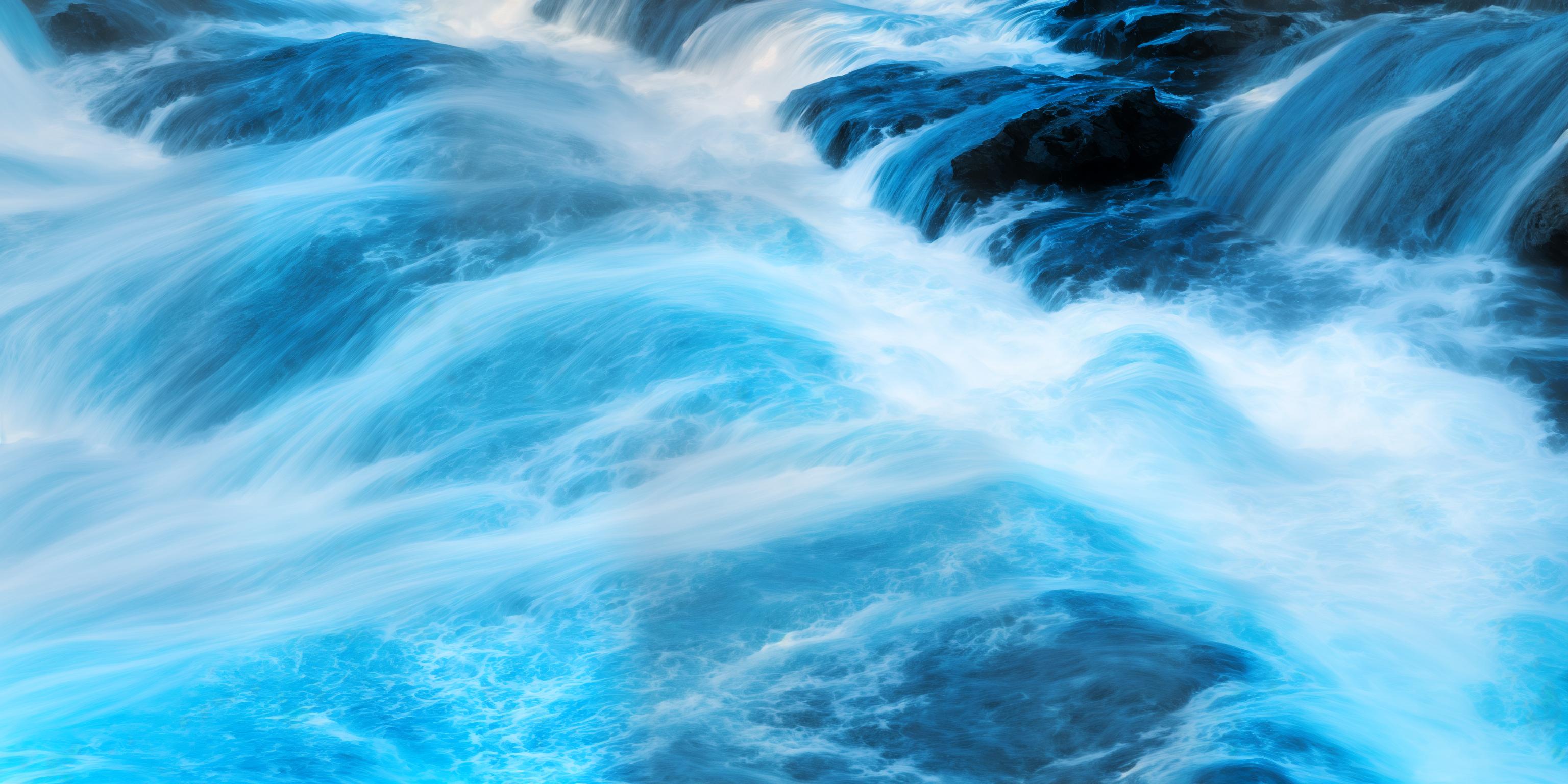  waterfall with strong blue and light blue colors with white water strong cyan colors luminar turbulence in water abstract art