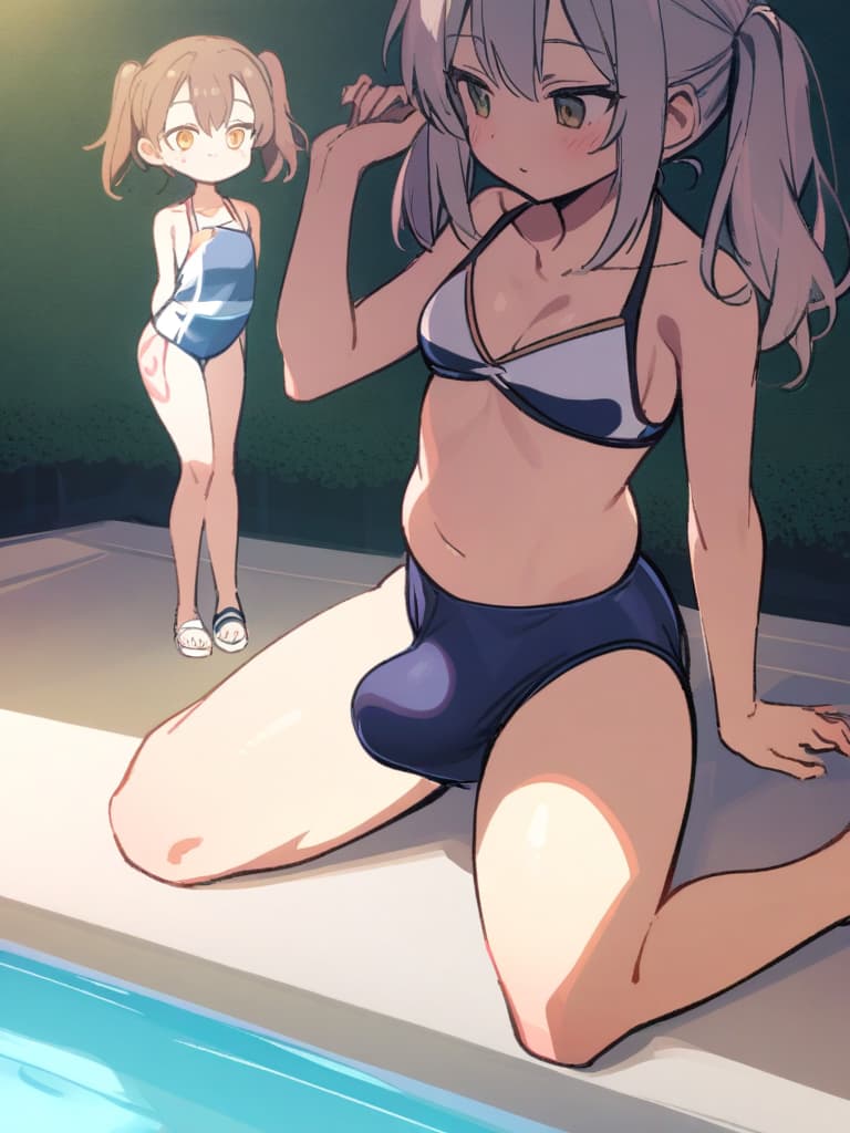  women's elementary students (with male), twin tails, cute smiles, rich s, short stature, dark blue swimwear, old swimwear, swimwear, simple, (swelling), upward, (bulge), front, whole body, pool side,