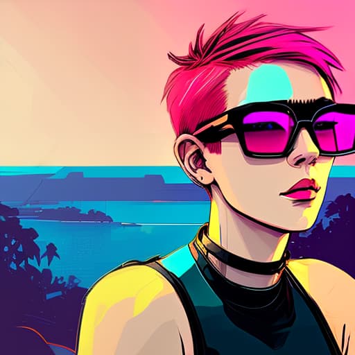 nvinkpunk a woman with bright red hair, a pixie haircut, in sunglasses with pink glare on the glasses, a top tier, with a choker around her neck, stands against a neon sunset. coast of the sea, shade of palm trees. digital photo. high detail. high realism.