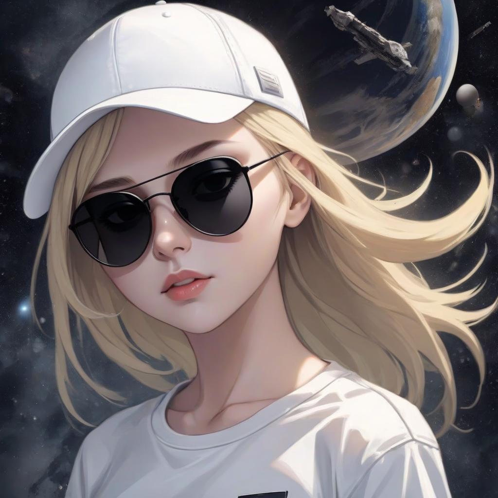  blonde girl in a white t shirt, dark sunglasses and a white cap, space