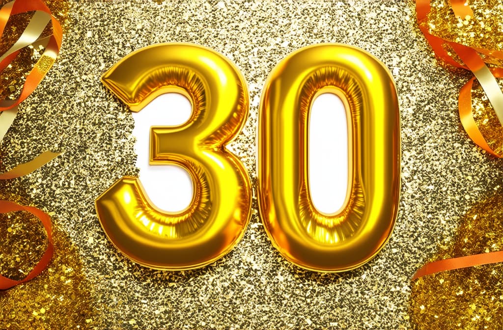  number 30 with golden confetti and ribbons, festive birthday celebration ar 3:2 {prompt}, maximum details