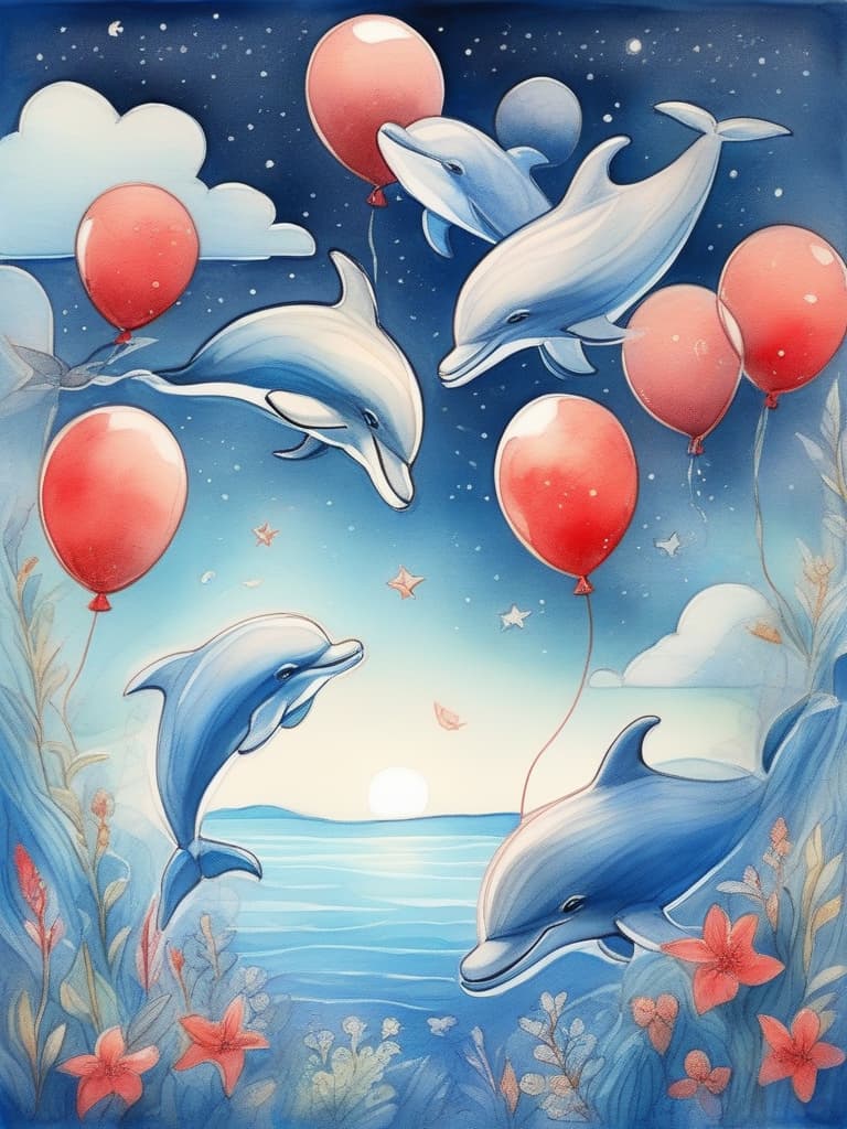  a masterpiece,cute dolphins,moonlit sea,full moon,one red balloon in the sky,fairy tale style,gentle colors,crayon drawing,