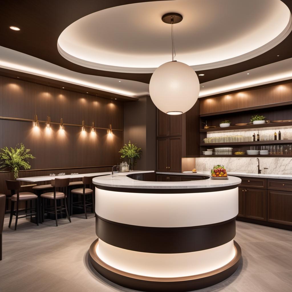  A restaurant kitchen design featuring a countertop with a circular shape and mocha wainscoting. The countertop surface is made of white quartz. The design includes a circular soffit above the countertop, consisting of three layers with recessed lighting. The overall ambiance should be sleek, modern, and functional. hyperrealistic, full body, detailed clothing, highly detailed, cinematic lighting, stunningly beautiful, intricate, sharp focus, f/1. 8, 85mm, (centered image composition), (professionally color graded), ((bright soft diffused light)), volumetric fog, trending on instagram, trending on tumblr, HDR 4K, 8K