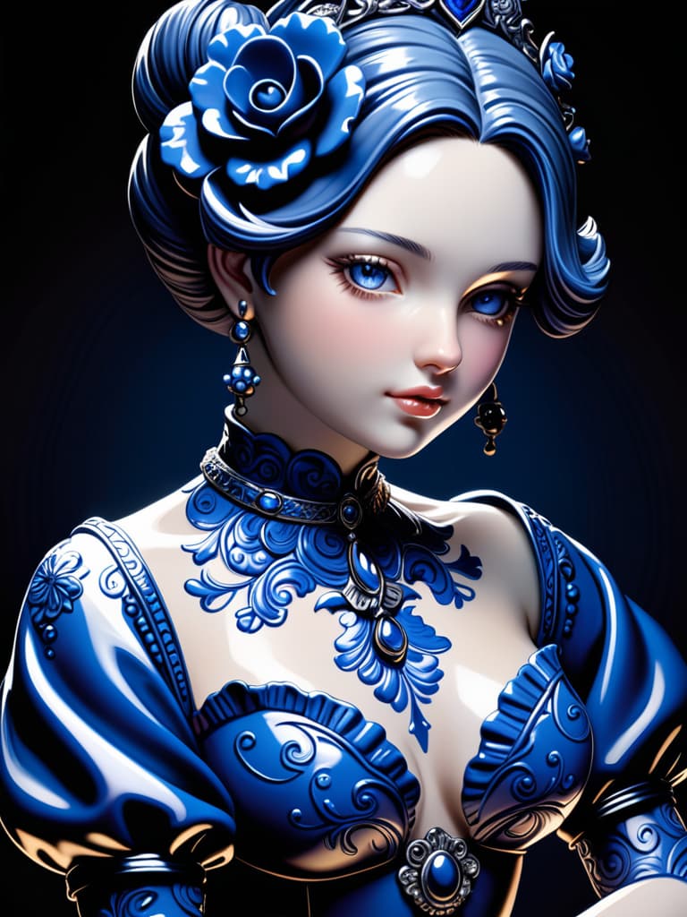  Close-up porcelain female figurine, looking to the camera, glossy surface, glaze, shiny, blue floral tattoos on her, dark gradient background, baroque dark style, hyperrealistic, CG society, intricate details