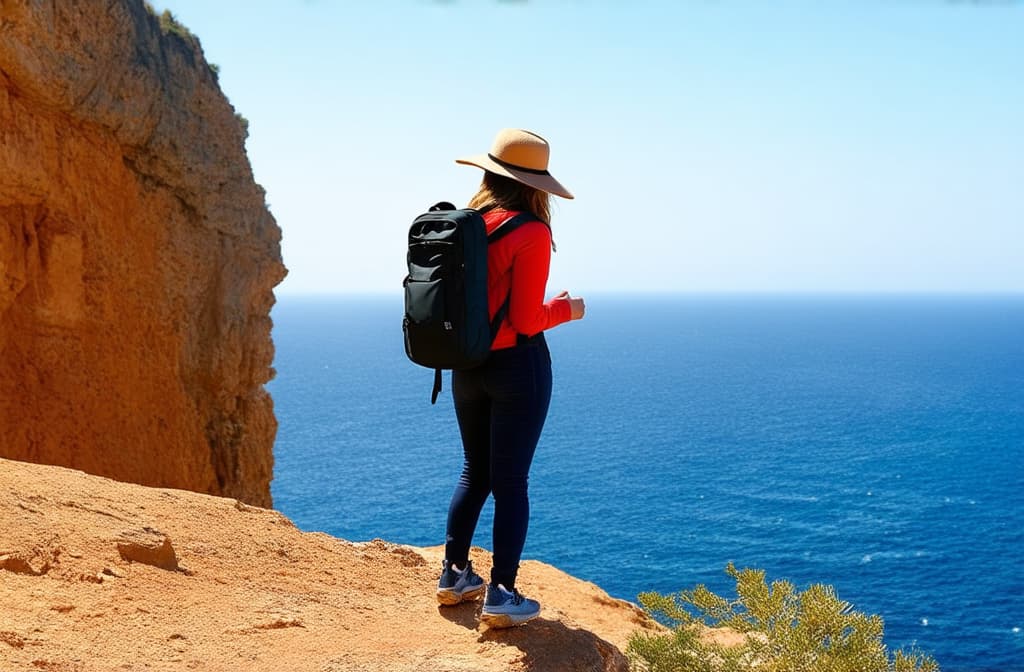  a young stands on the edge of a cliff with her back in the frame, the has a backpack on her back, the is wearing a hat, there is a sea in front of the , sunny weather ar 3:2 {prompt}, maximum details