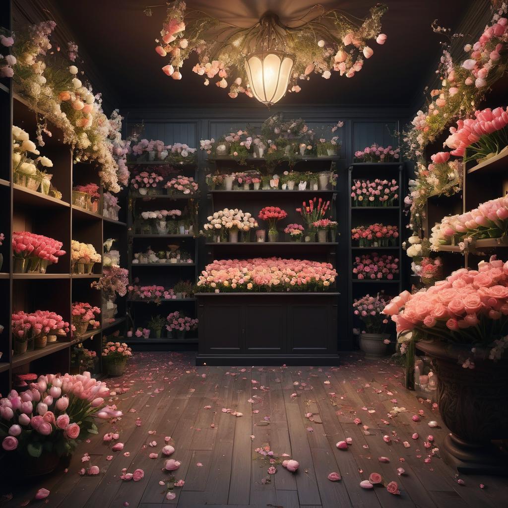  fairy tale flower shop fantastic. night. blossoms with flowers on shelves and on the floor. roses and tulips swirl in dance. fairy tale, magic, fantasy, fantasy, fantasy. . magical, fantastical, enchanting, storybook style, highly detailed, civitai