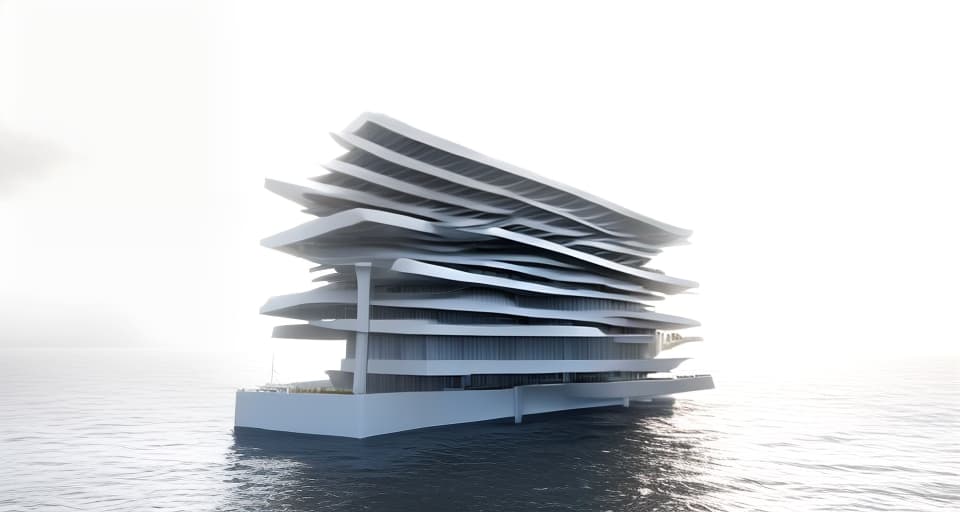 mdjrny-v4 style architecture, high quality, exterior perspective, 10 story steel framed office building, building floating at sea, frank o'gehry, rain, rough sea