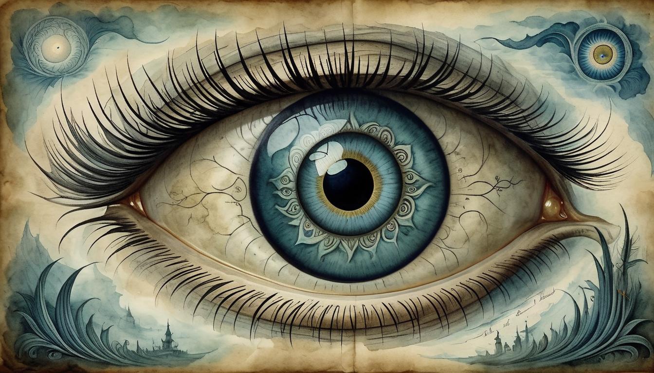  on parchment, surrealism+++, an eye in sharp focus, surrounded by swirling mists, intricate details of the iris and pupil, suggesting enhanced vision, mystical and profound mood(mysterious, provocative, symbolic,muted color)+++